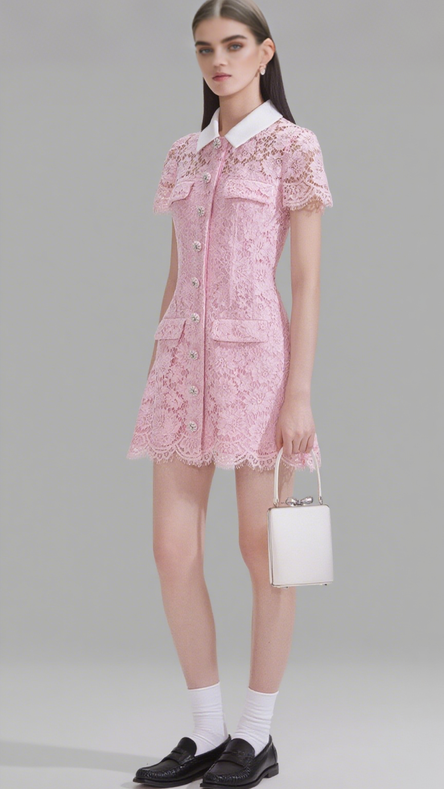 PINK LACE COLLARED MINI DRESS