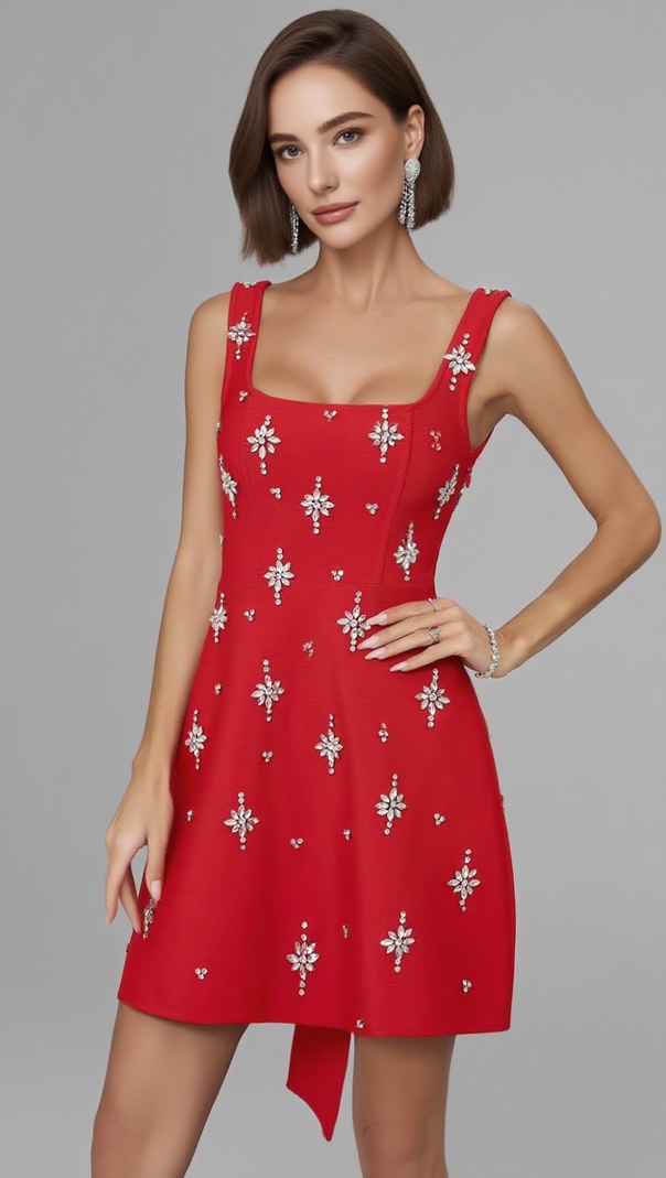 AIIZIE SQUARE NECK RHINESTONE EMBELLISHED MINI DRESS IN RED - product image