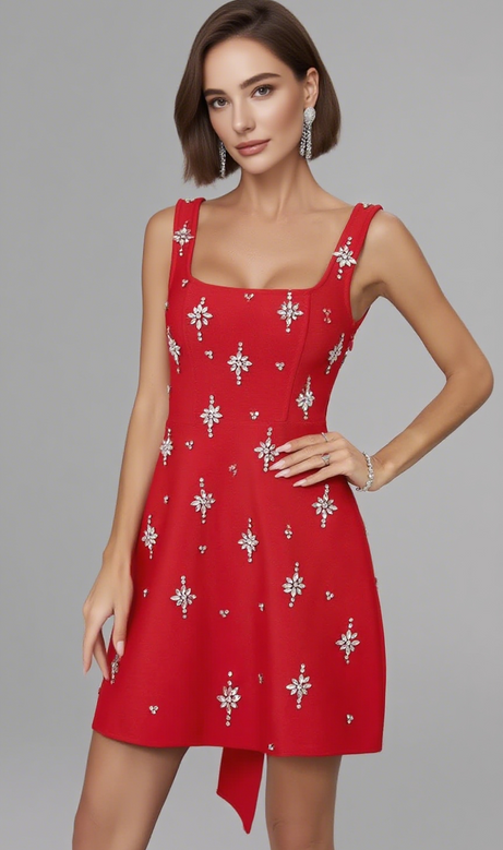 Mini abito rosso con scollo quadrato e strass