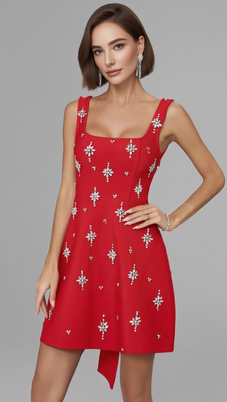 Rotes Minikleid mit quadratischem Ausschnitt und Strassverzierung