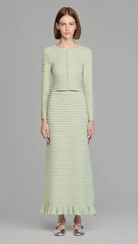 RHINESTONE KNIT MAXI SKIRT IN ALMOND GREEN