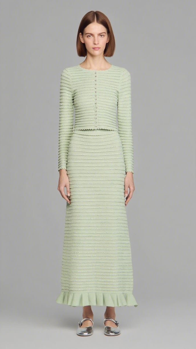 RHINESTONE KNIT MAXI SKIRT IN ALMOND GREEN