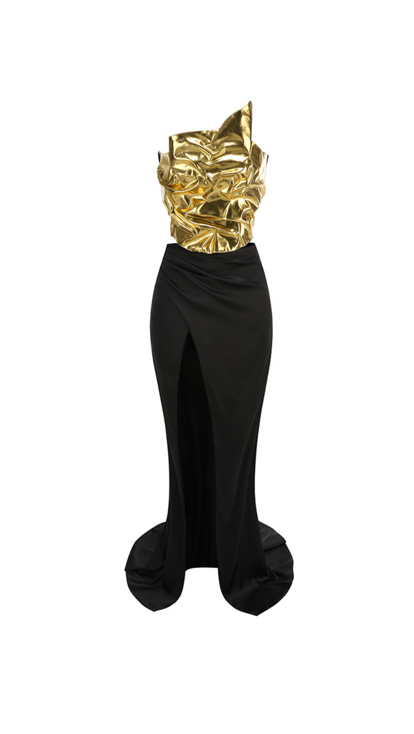 AIIZIE VICKY BLACK ONE SHOULDER GOLD MIRROR GOWN - product image