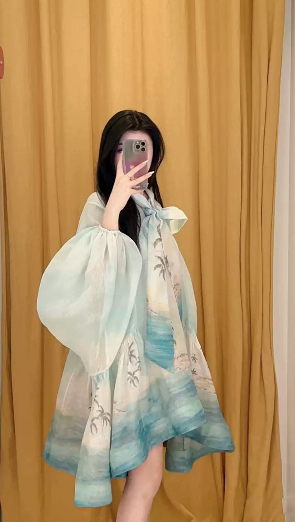 AIIZIE BOW TIE NECK IRREGULAR SKIRT LANTERN SLEEVES COCONUT TREE PRINT DRESS - product image