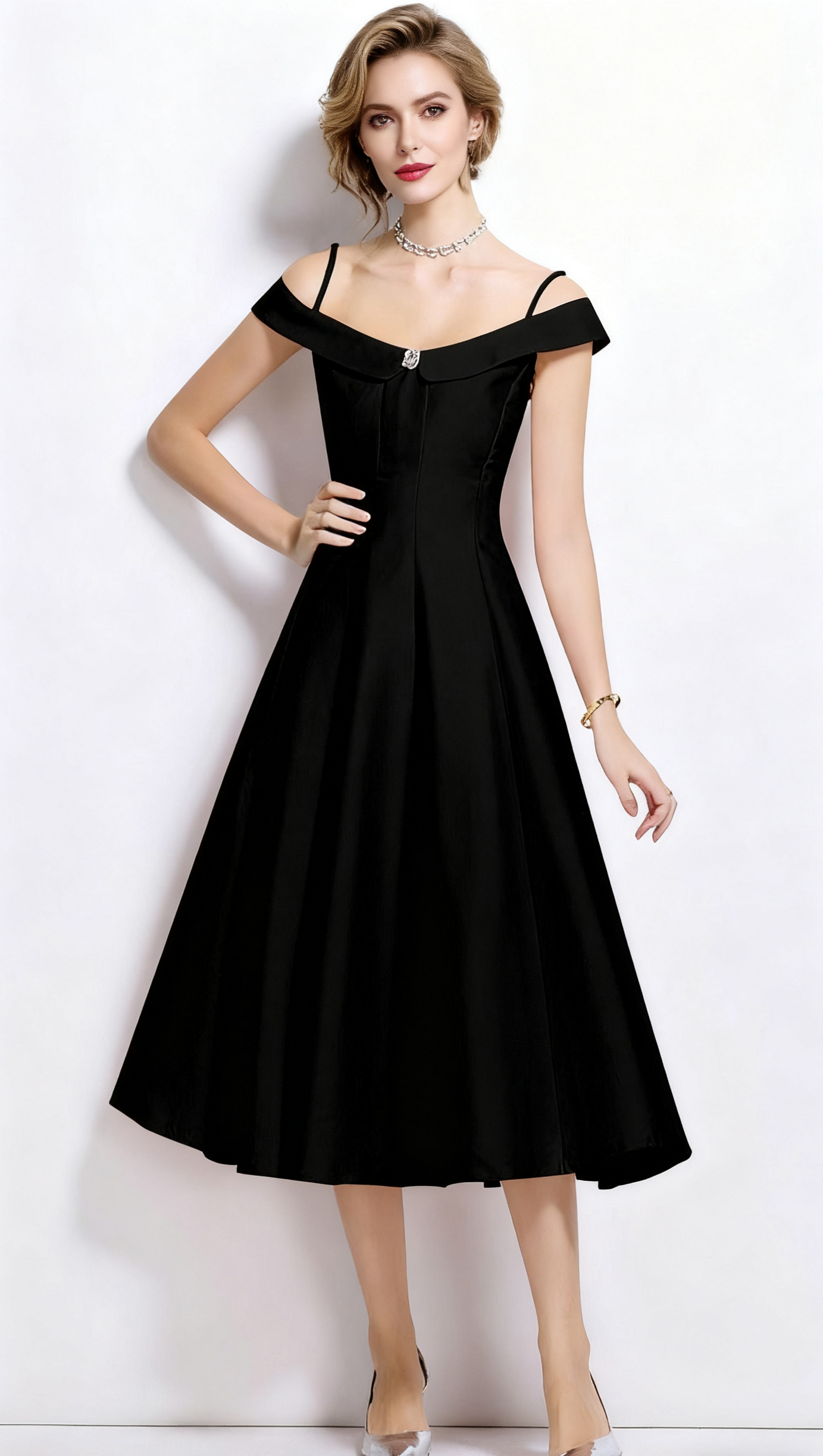 MEROY OFF-SHOULDER SATIN PLEATED MIDI DRESS IN BLACK