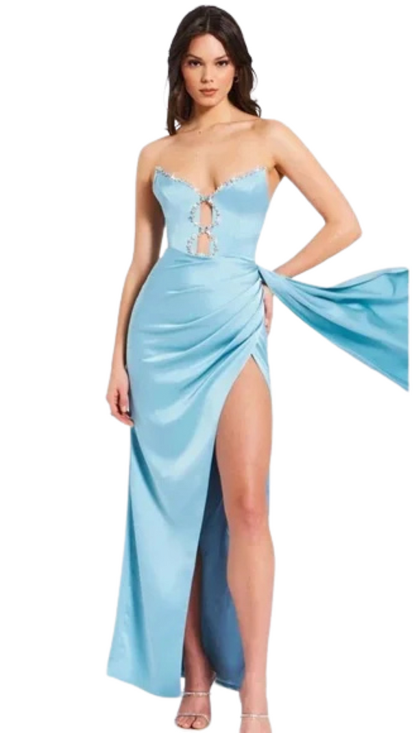 AIIZIE BLUE SATIN CRYSTAL EMBELLISHED HIGH SLIT GOWN - product image