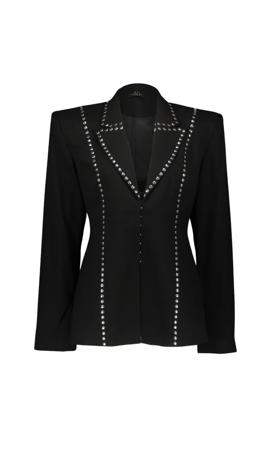 DEBORAH SCHWARZES BLAZER-SET AUS WOLLKREPP MIT SCHALDETAILLIERT