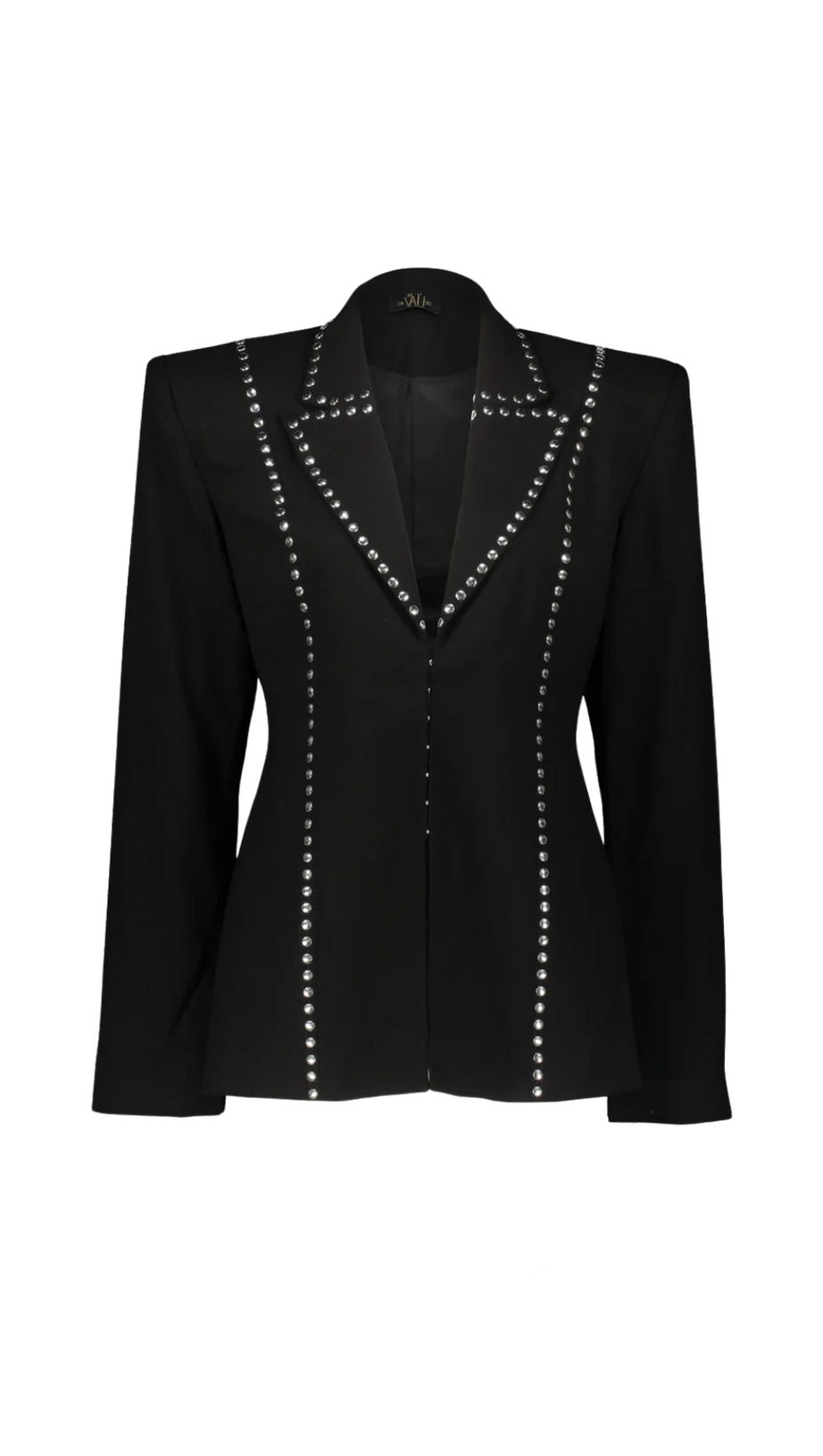 DEBORAH SCHWARZES BLAZER-SET AUS WOLLKREPP MIT SCHALDETAILLIERT