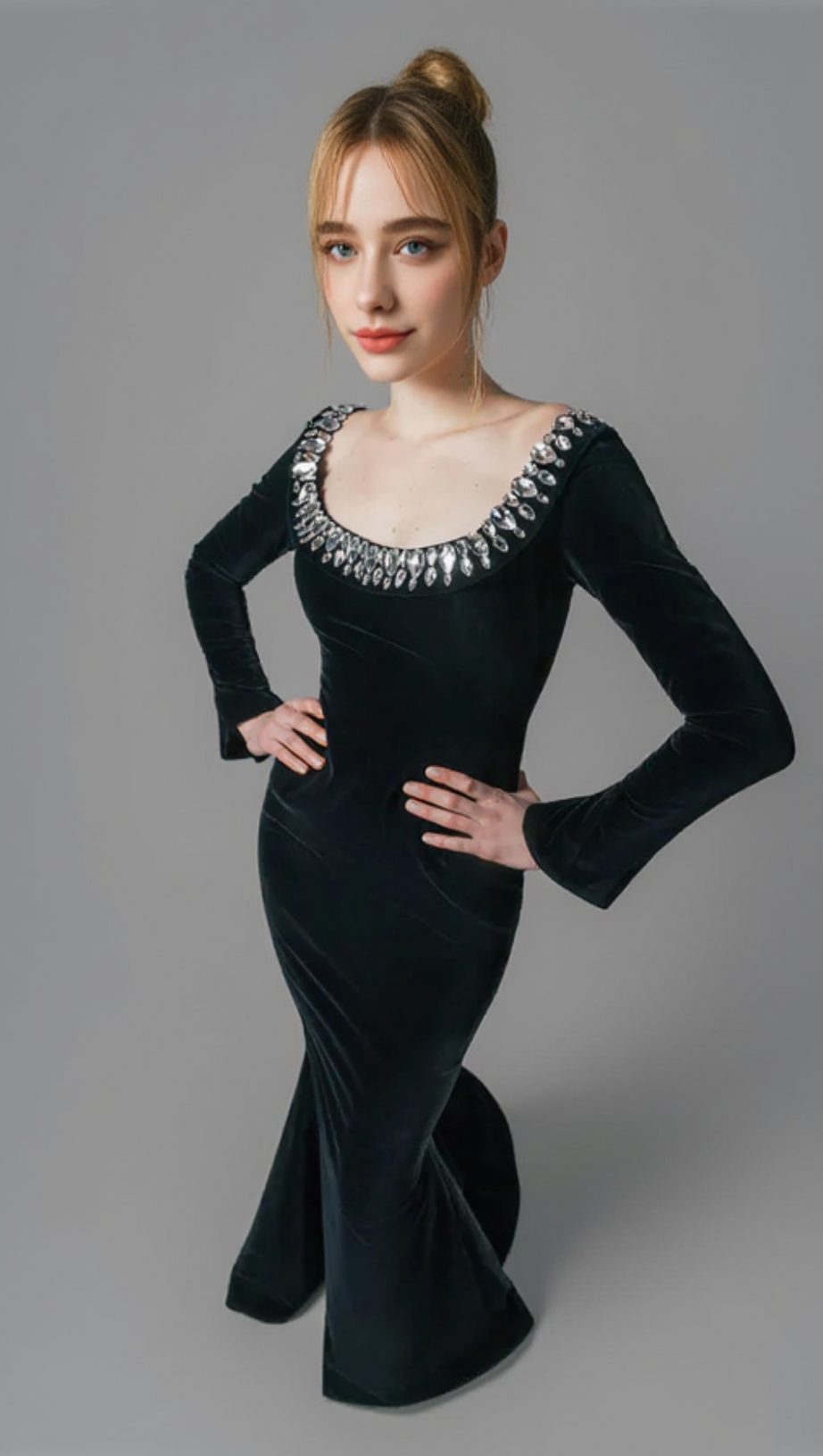 BLACK CREPE GOWN WITH CRYSTAL NECKLINE