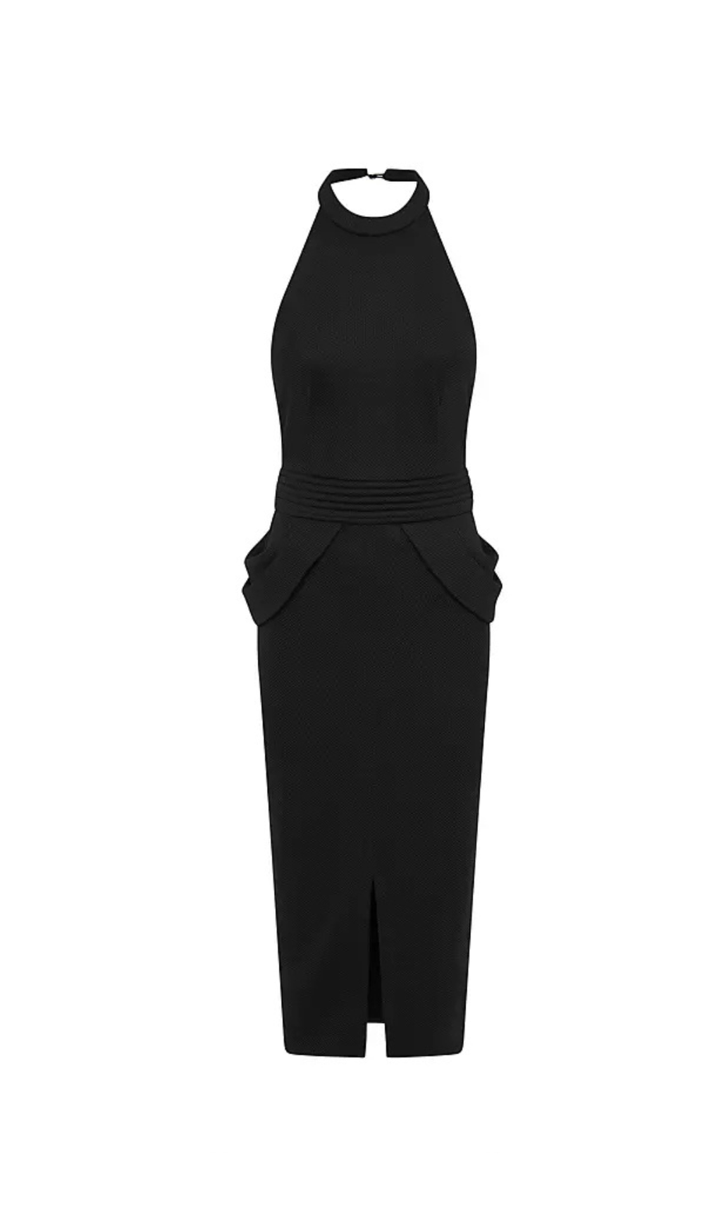RISE TEXTURED HALTER MIDI DRESS IN BLACK