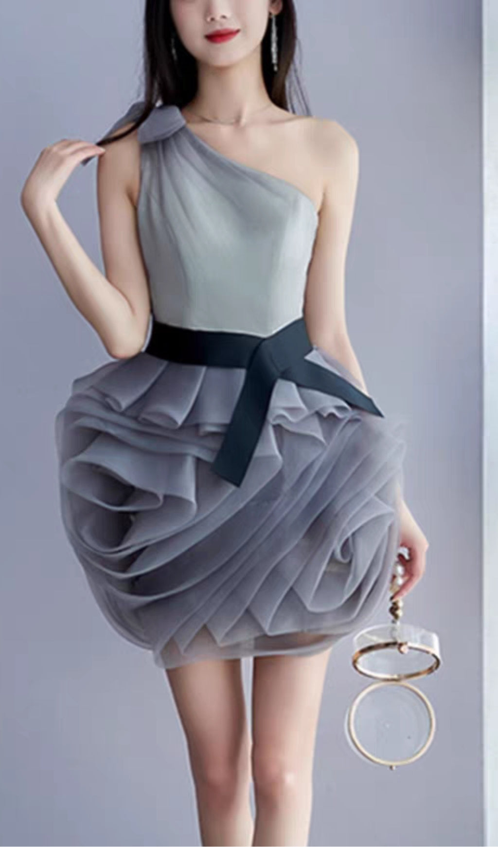 ONE SHOULDER MESH MINI DRESS IN GREY