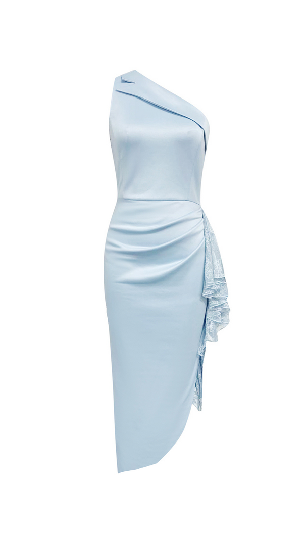 AIIZIE ONE-SHOULDER LACE TRIM EMBELLISHED MIDI DRESS IN BLUE - product image
