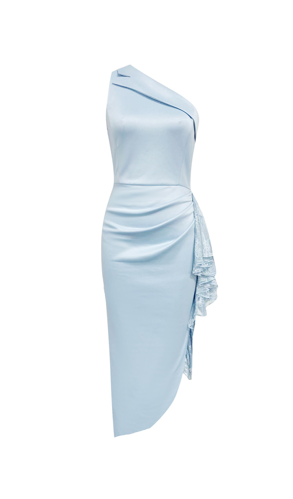 ONE-SHOULDER LACE TRIM EMBELLISHED MIDI DRESS IN BLUE