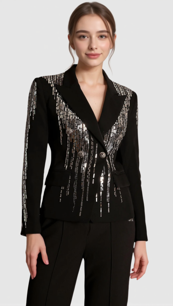 AIIZIE ANDREA FAIDRA RHINESTONE DOUBLE BREASTED LAPEL BLAZER IN BLACK - product image