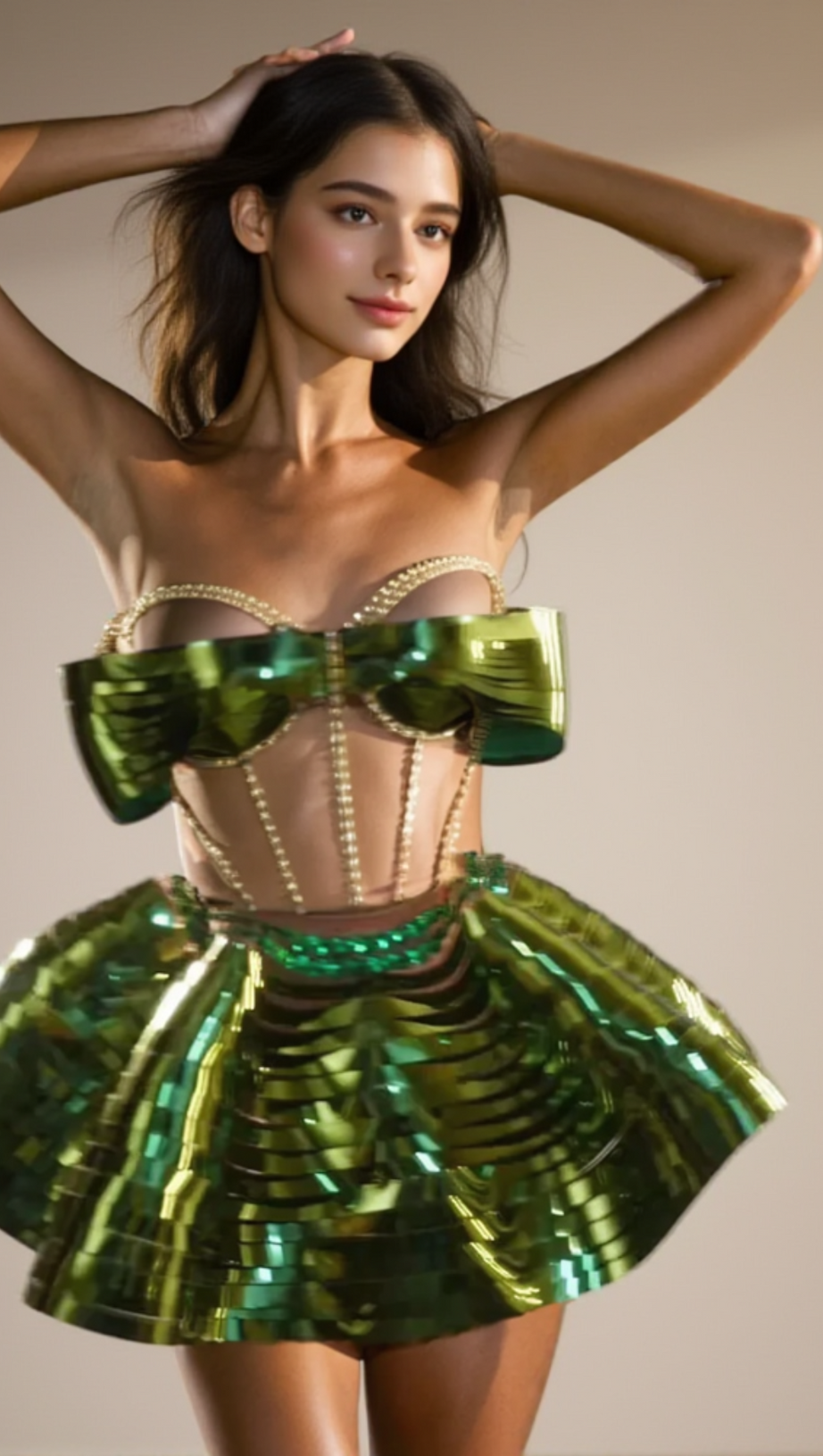 CRYSTAL METALLIC SKIRT SET IN GREEN