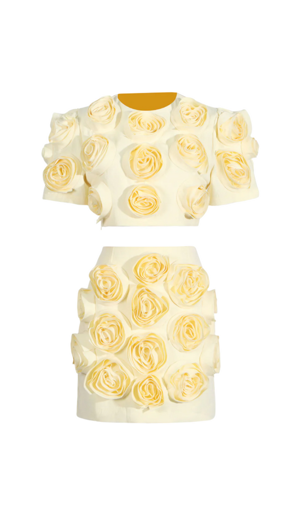 AIIZIE 3D FLOWER BUBBLE SLEEVE TOP SKIRT SUIT IN YELLOW - product image