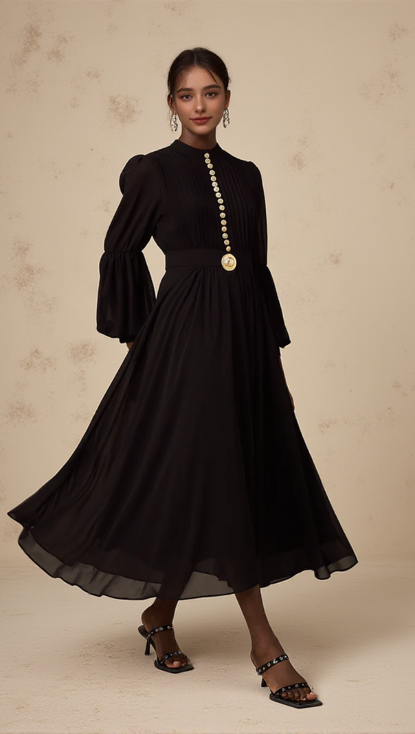 AIIZIE LANTERN SLEEVE SILK MIDI DRESS IN BLACK - product image
