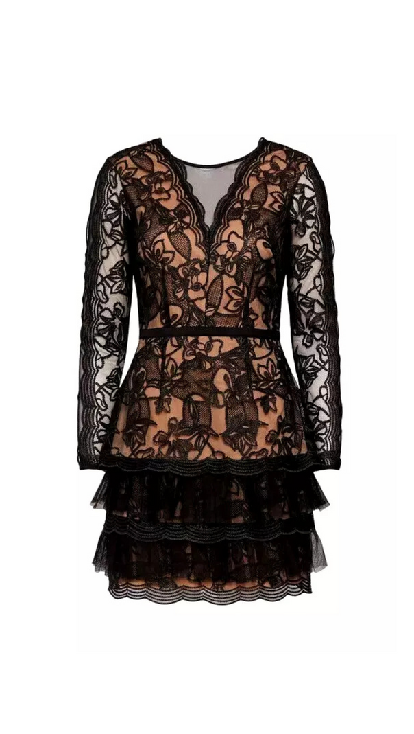 AIIZIE BLACK TULLE RUFFLE HEM EMBROIDERED LACE MINI DRESS - product image