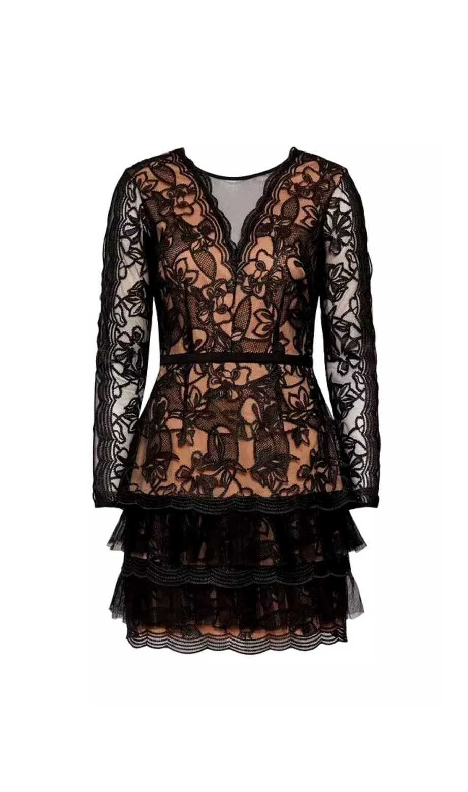 miniabito in pizzo ricamato con orlo a balze in tulle nero