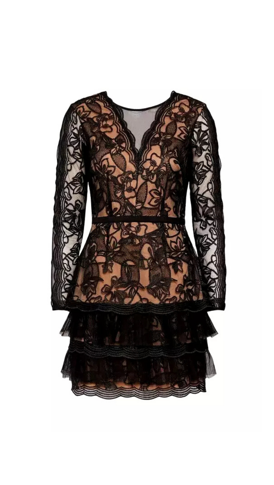 BLACK TULLE RUFFLE HEM EMBROIDERED LACE MINI DRESS