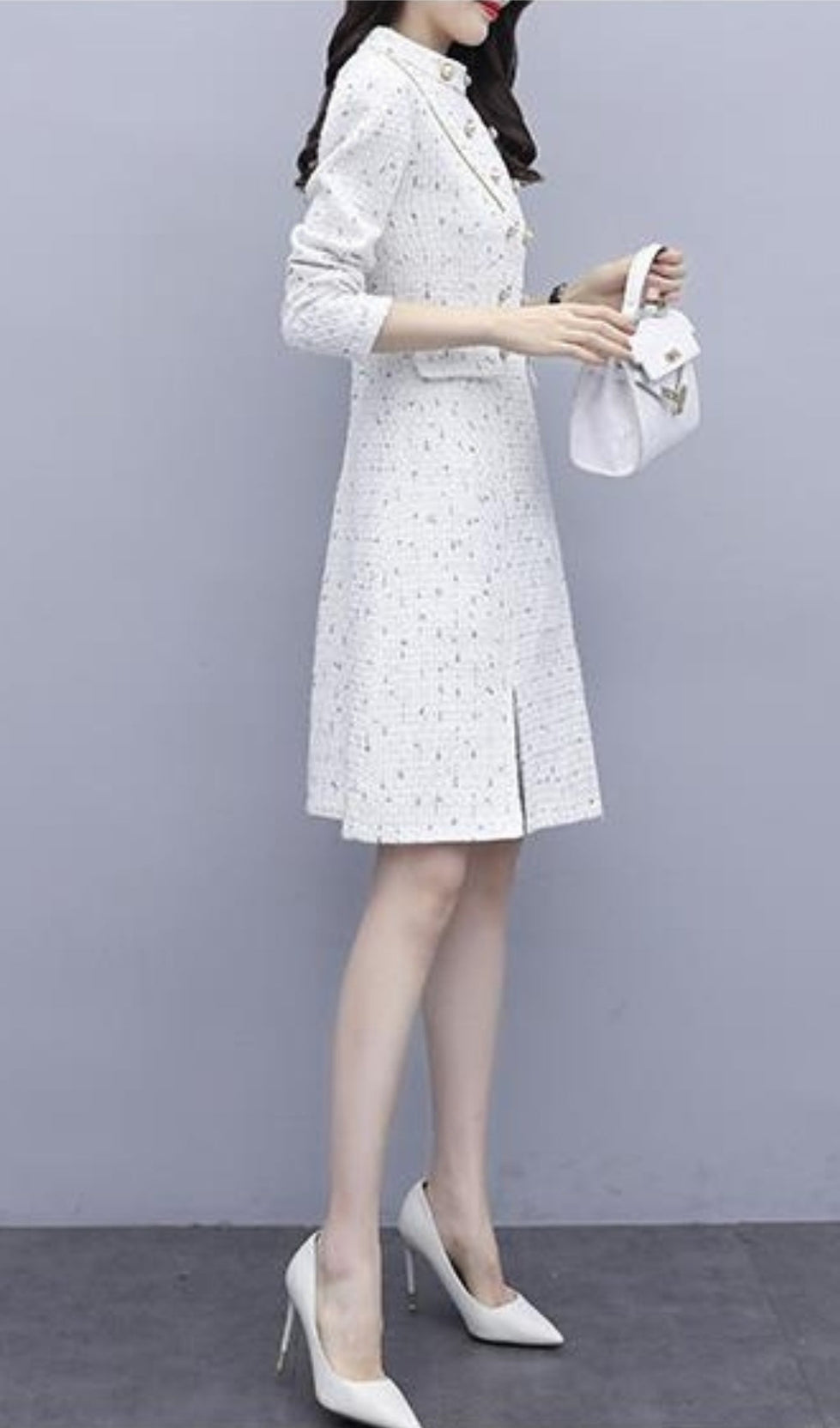 WOOLEN A-LINE MIDI DRESS IN WHITE