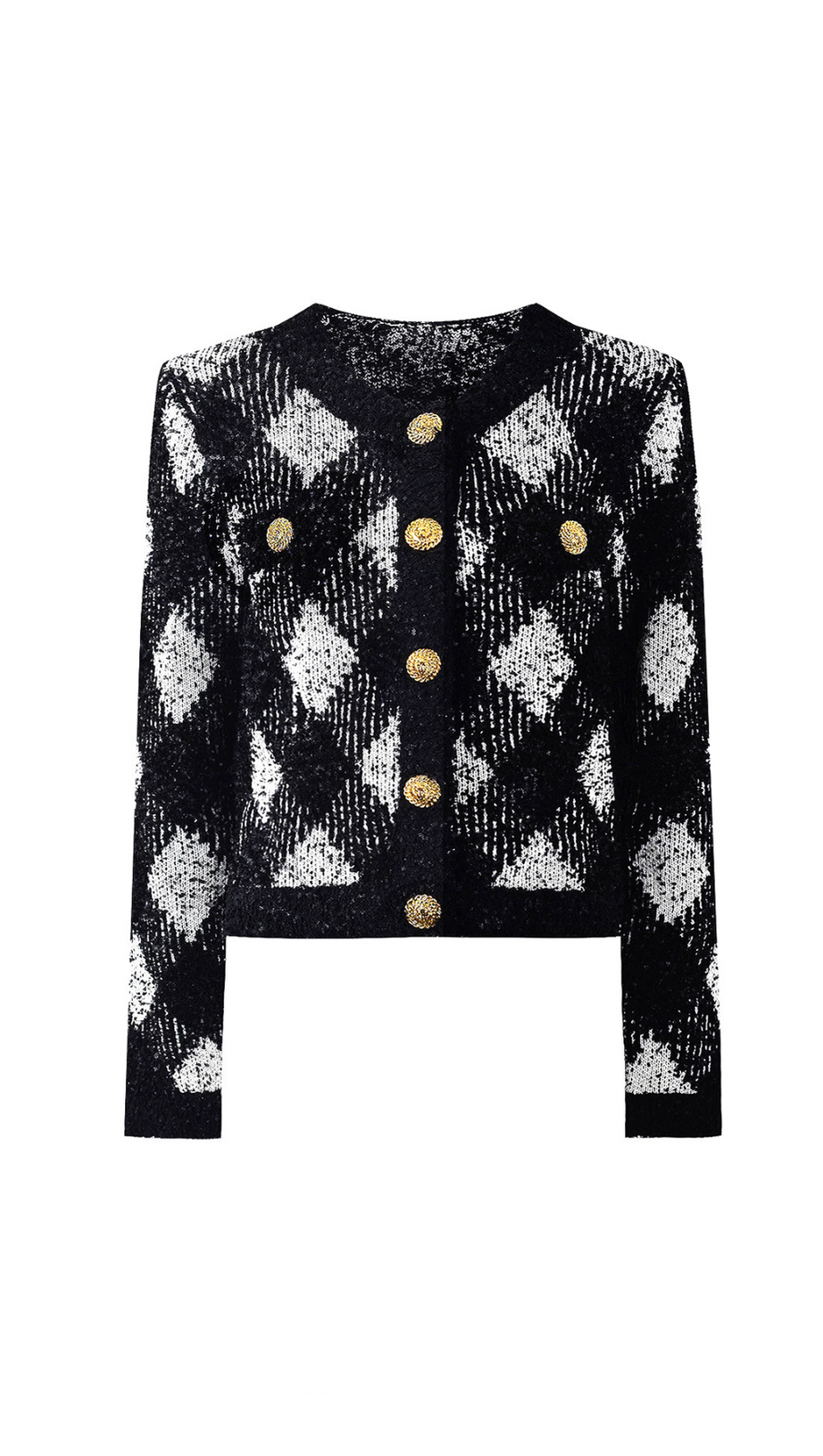 Schwarz-weiße Gingham-Tweed-Strickjacke