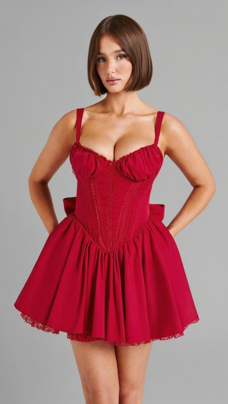 LACE RUFFLE TRIM CORSET MINI DRESS IN RED