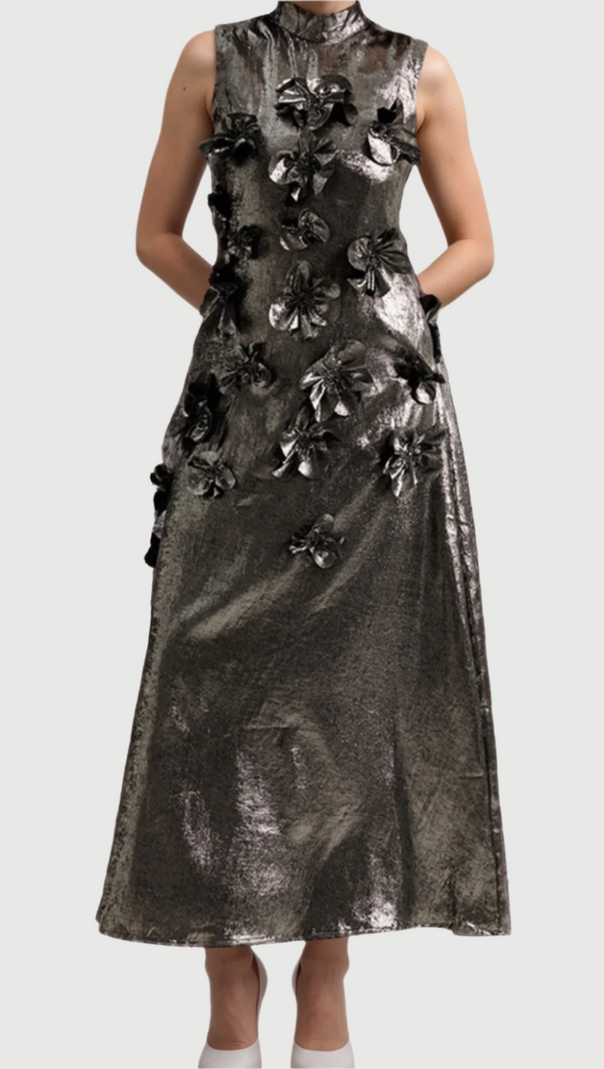 AIIZIE ADITI 3D FLORAL EMBELLISHED MAXI DRESS IN GREY - product image