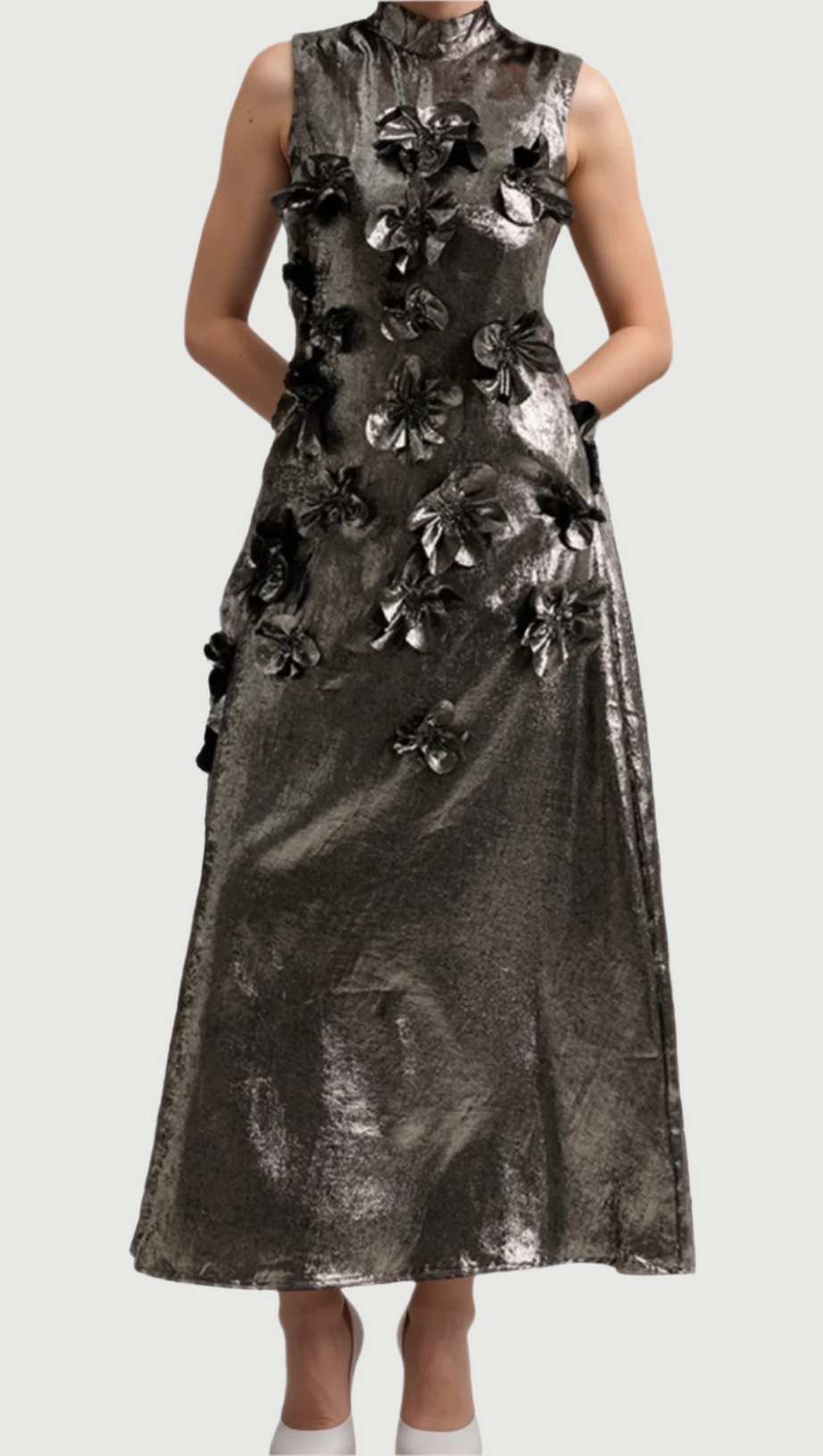 ADITI 3D FLORAL EMBELLISHED MAXI DRESS IN GREY