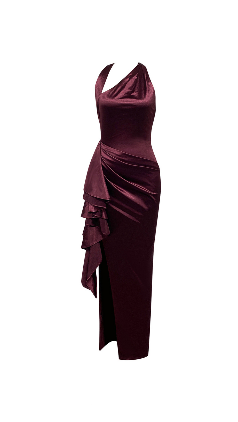 CORNELIA RUCHED HALTER BACKLESS MAXI DRESS IN BROWN