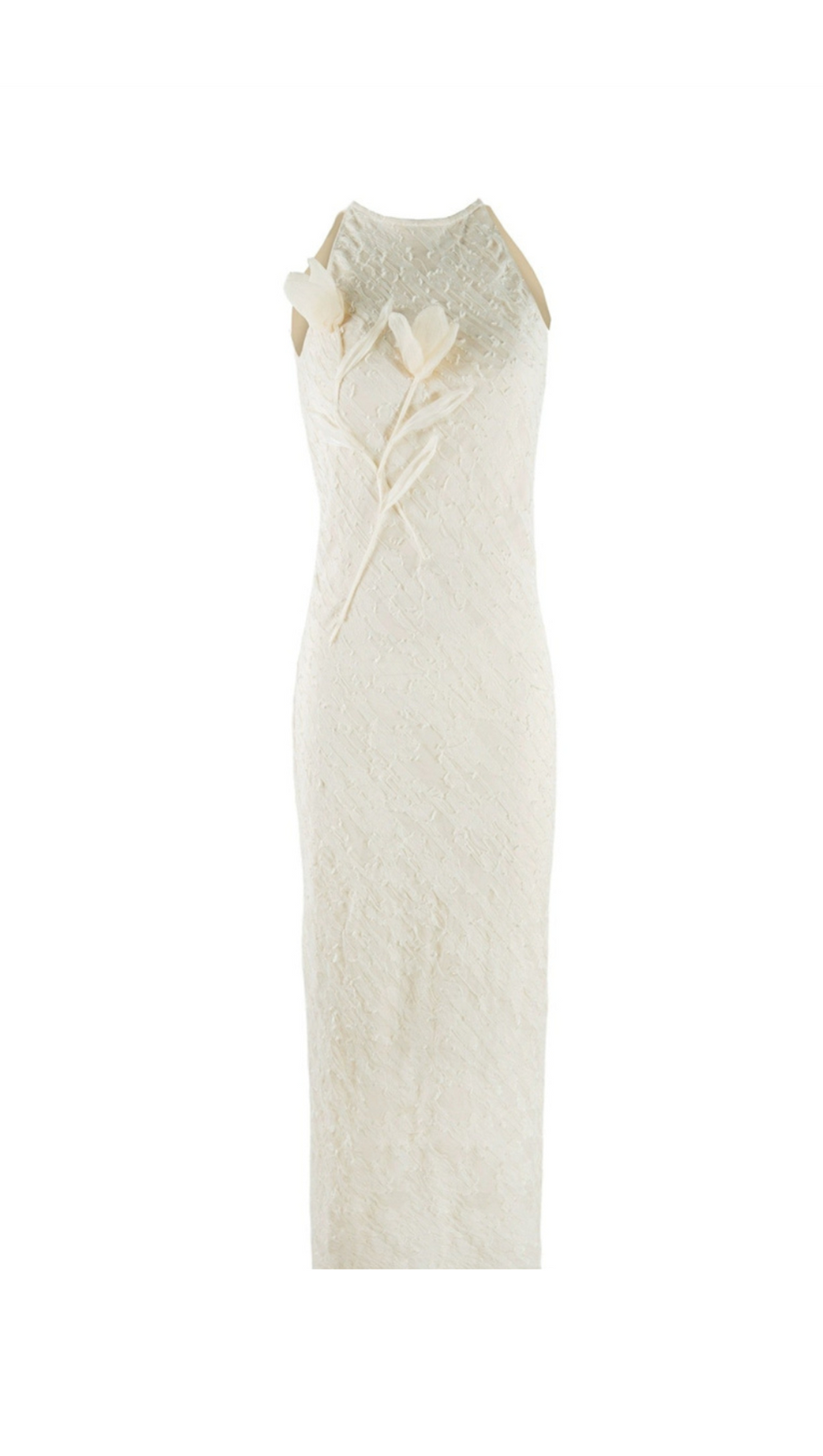 TRACY FLORAL APPLIQUE SLEEVELESS MIDI DRESS IN BEIGE