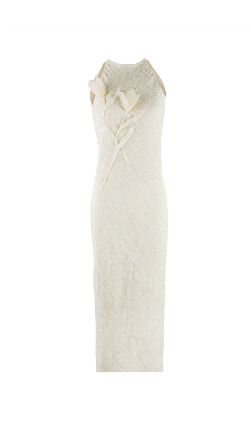 TRACY FLORAL APPLIQUE SLEEVELESS MIDI DRESS IN BEIGE