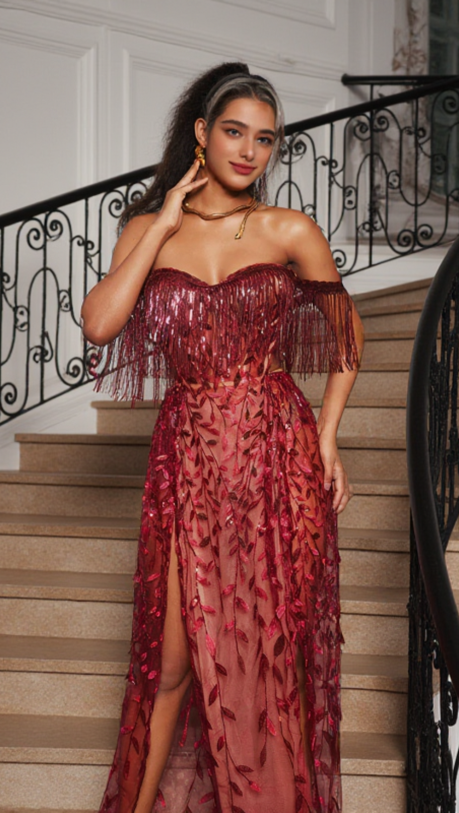 CODRUTA STRAPLESS LEAFY FRINGE MAXI DRESS IN WINE