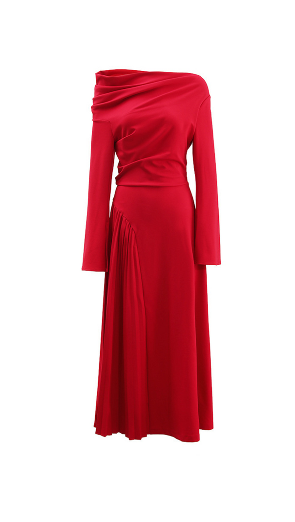 AIIZIE ALBERTA RED ONE SHOULDER SLIT PLEATED MAXI DRESS - product image