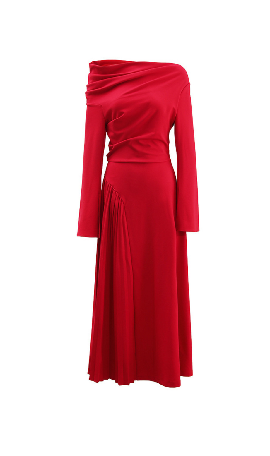 ALBERTA RED ONE SHOULDER SLIT PLEATED MAXI DRESS