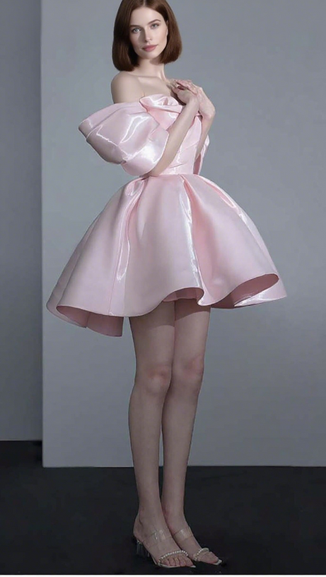 OFF SHOULDER SATIN MINI DRESS IN PINK