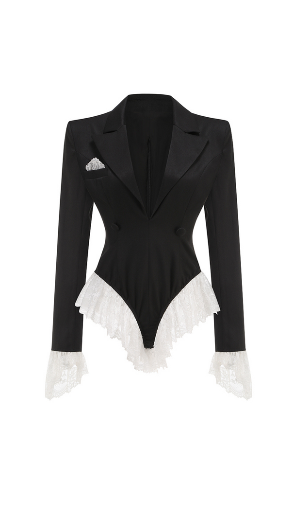 AIIZIE V-NECK LACE-EMBELLISHED JUMPSUIT BLAZER IN BLACK - product image