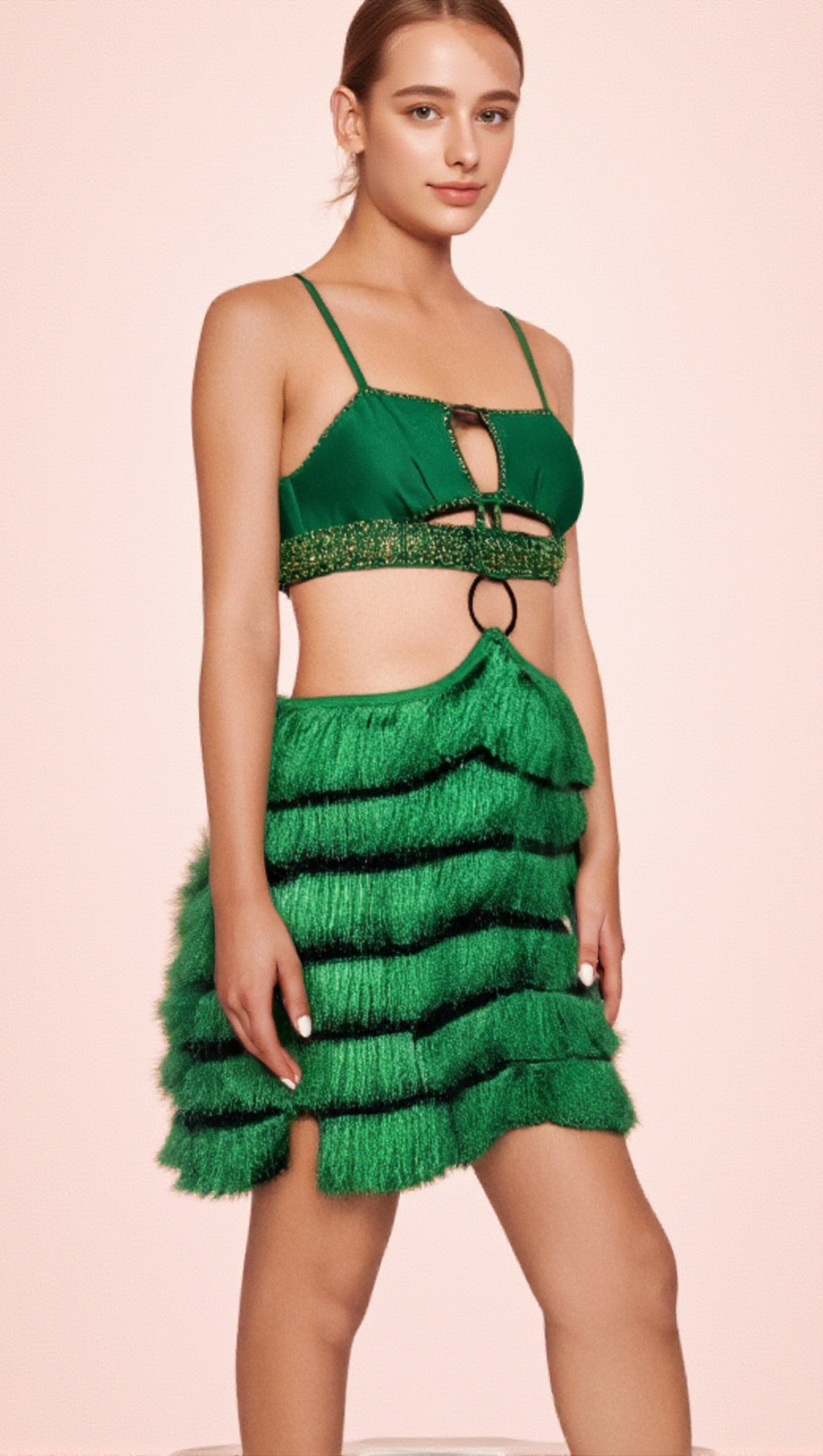 GREEN RHINESTONE CUTOUT FRINGE DRESS