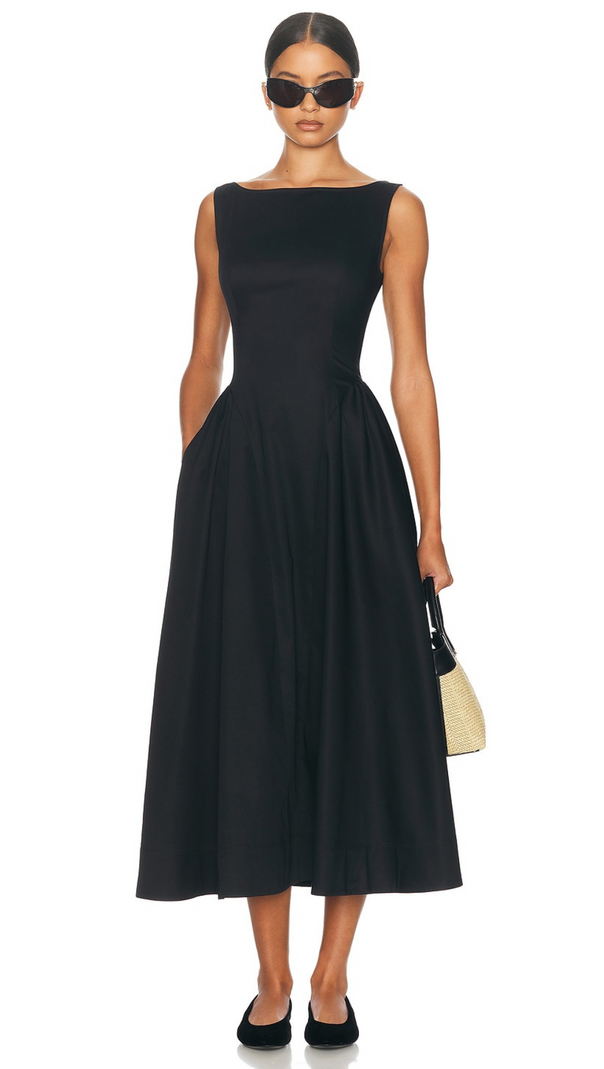 AIIZIE STRETCH COTTON SATEEN MIDI DRESS IN BLACK - product image