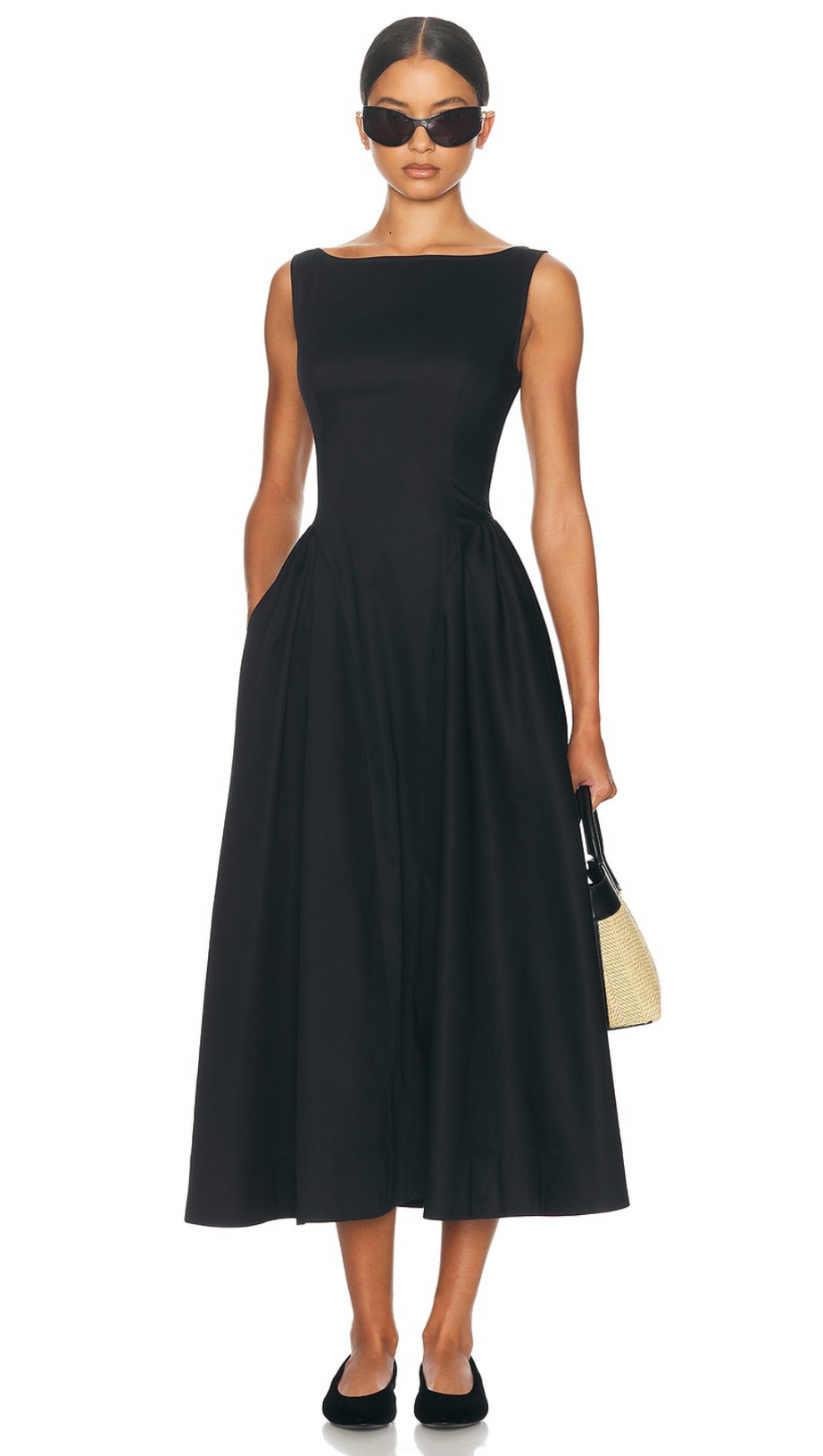STRETCH COTTON SATEEN MIDI DRESS IN BLACK