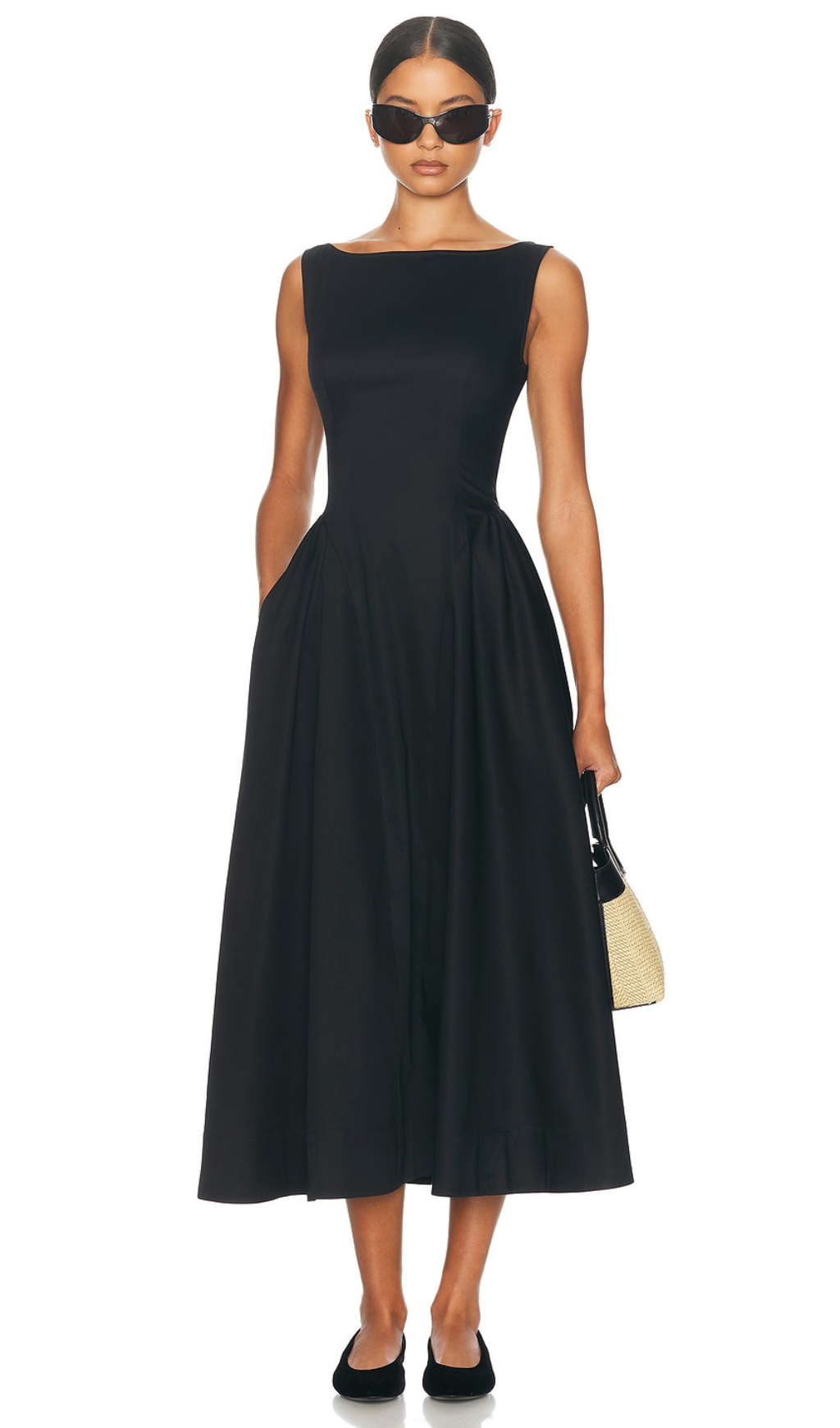 STRETCH COTTON SATEEN MIDI DRESS IN BLACK