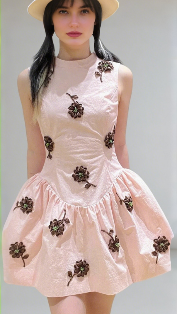 AIIZIE VIVIEN FLOWER EMBELLISHED PUFFY MINI DRESS IN PINK - product image