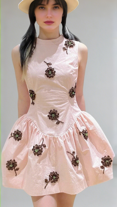 VIVIEN FLOWER EMBELLISHED PUFFY MINI DRESS IN PINK