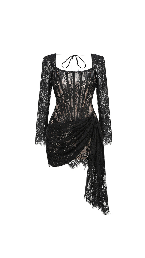 AIIZIE LONG SLEEVE LACE CORSET DRAPED MINI DRESS IN BLACK - product image