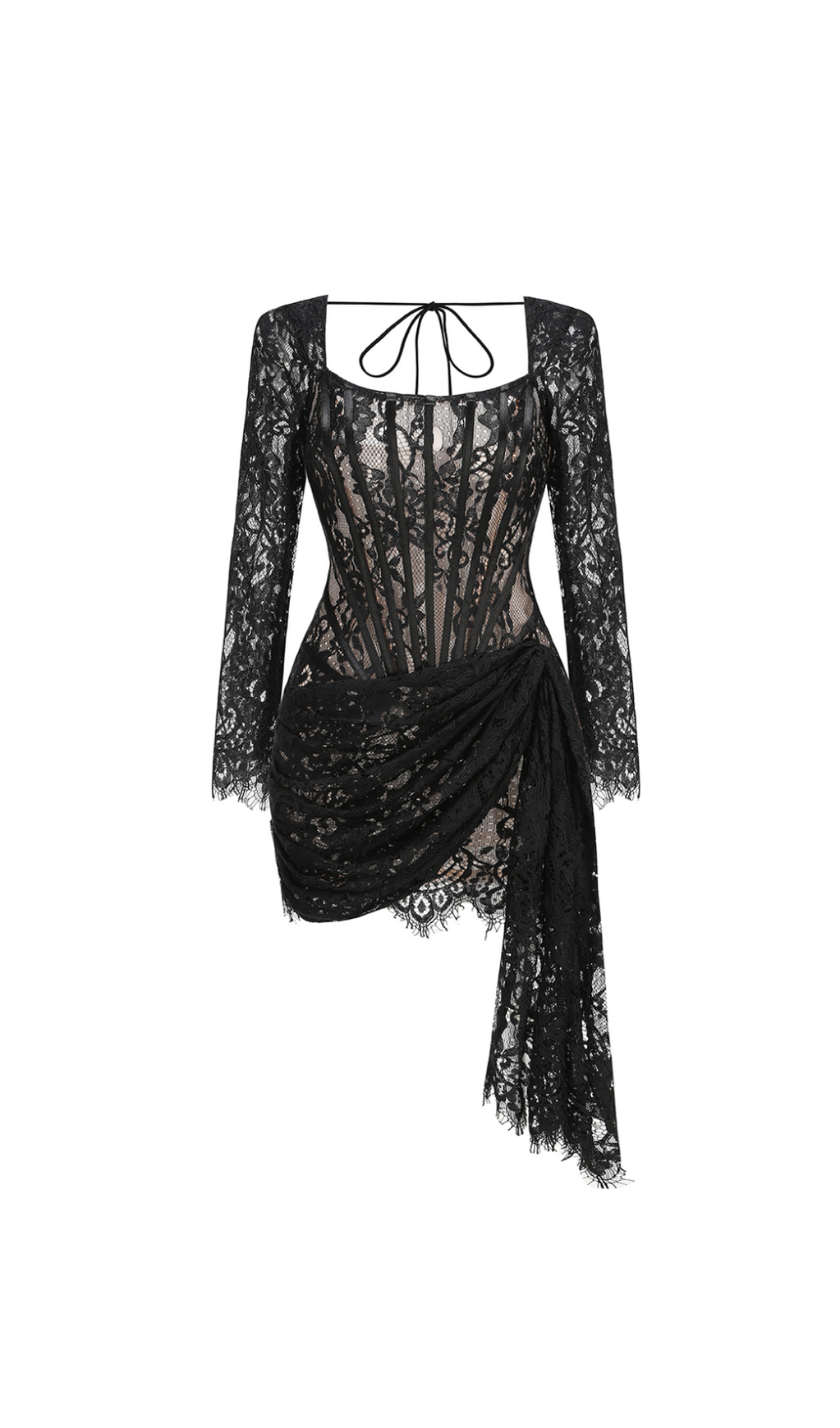 LONG SLEEVE LACE CORSET DRAPED MINI DRESS IN BLACK