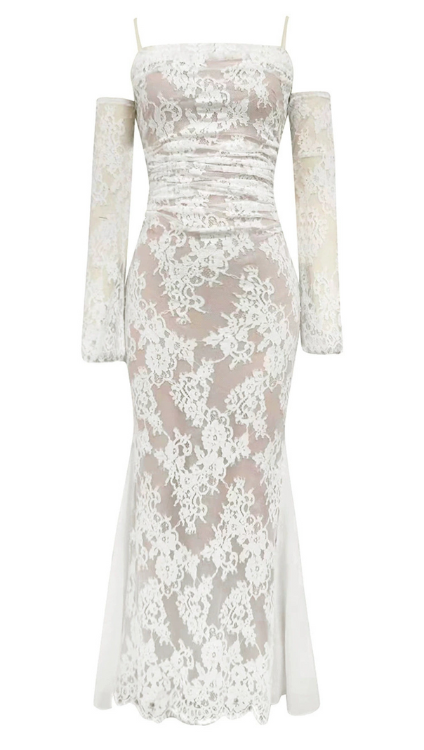 AIIZIE LONG SLEEVE DRAPED LACE MAXI DRESS IN WHITE - product image