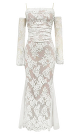 LONG SLEEVE DRAPED LACE MAXI DRESS IN WHITE