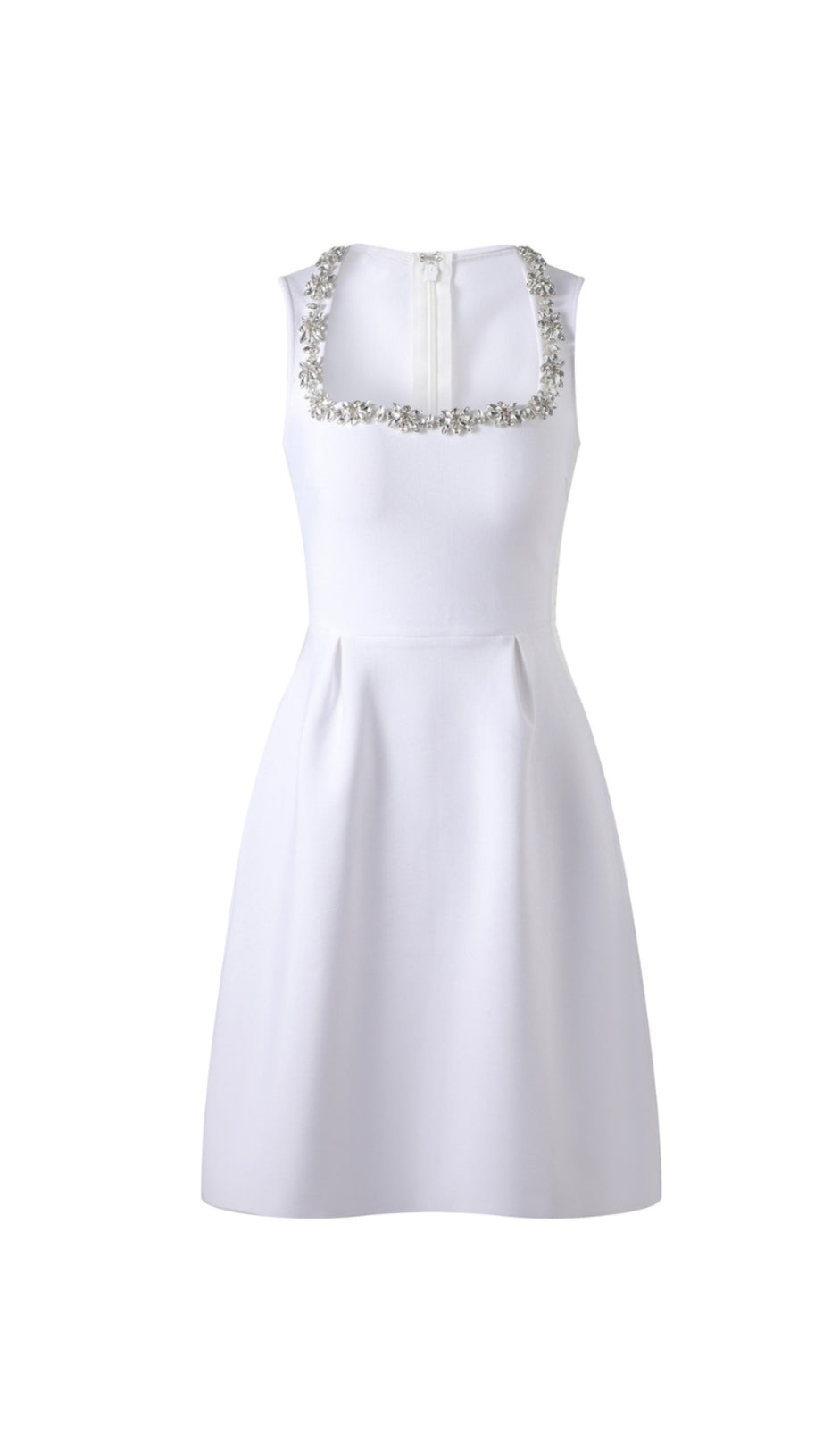mini abito bianco decorato con cristalli e scollo quadrato Anila