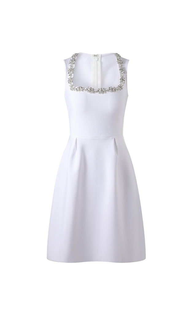 anila square neck crystal embellished mini dress in white