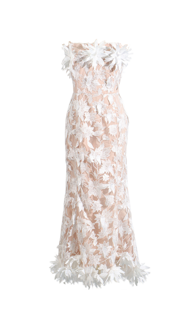 AIIZIE 3D FLOWER EMBROIDERY STRAPLESS MIDI DRESS IN BEIGE - product image